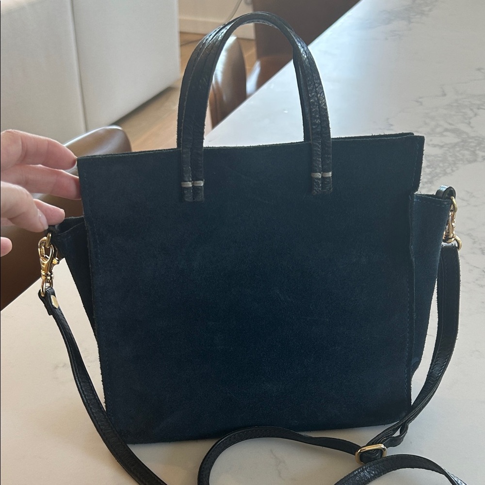 Clare V Navy Suede Structured Tote Bag with crossbody Strap